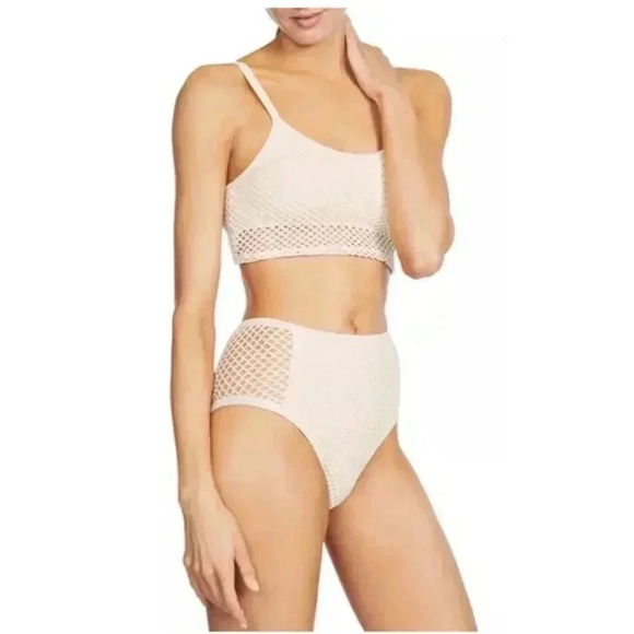 NEW Robin Piccone Pua Cream Crochet Triangle High Waisted Bikini Size Large - Picture 4 of 16